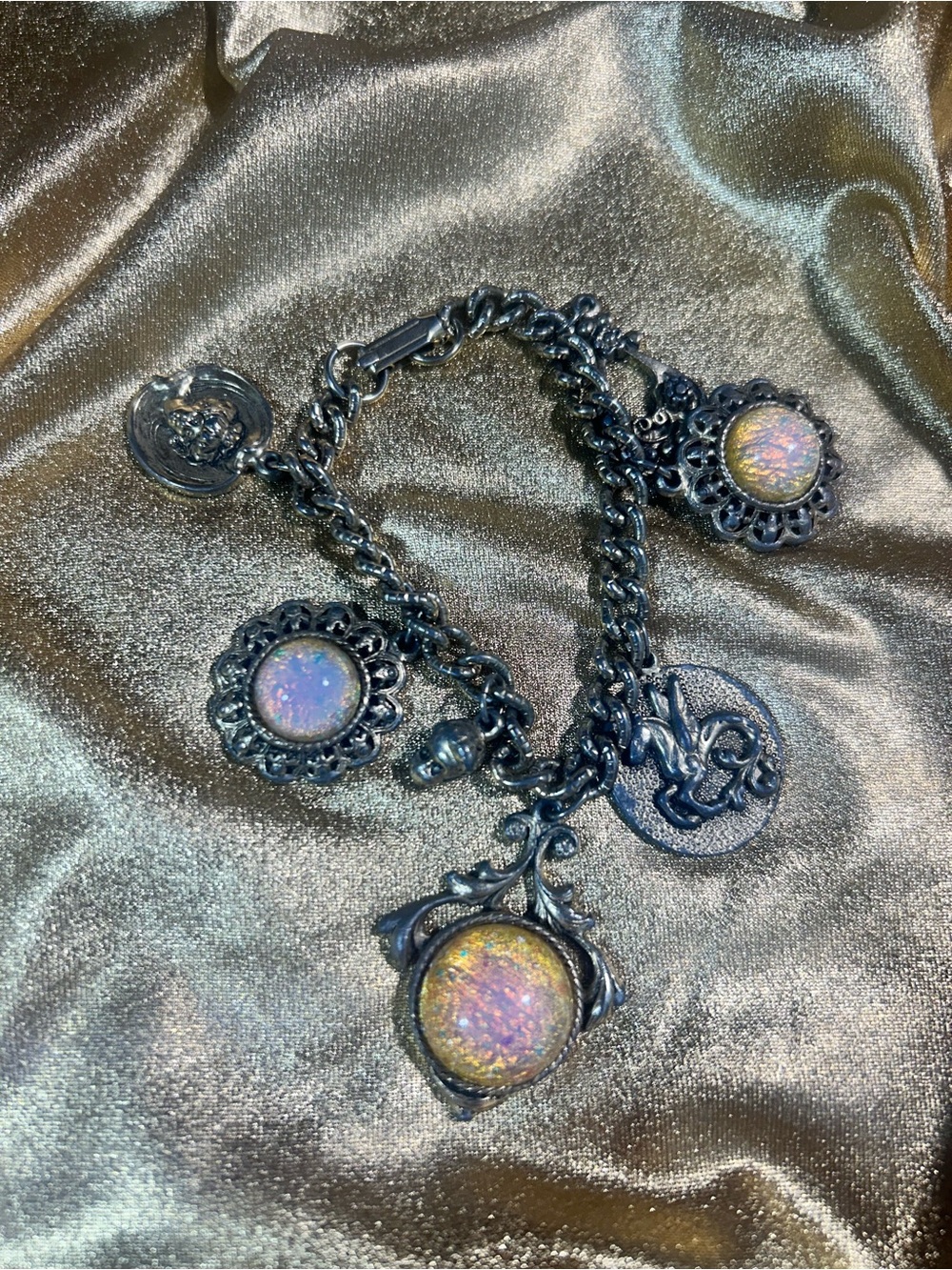 Vintage whimsy goth Charm Bracelet Iridescent